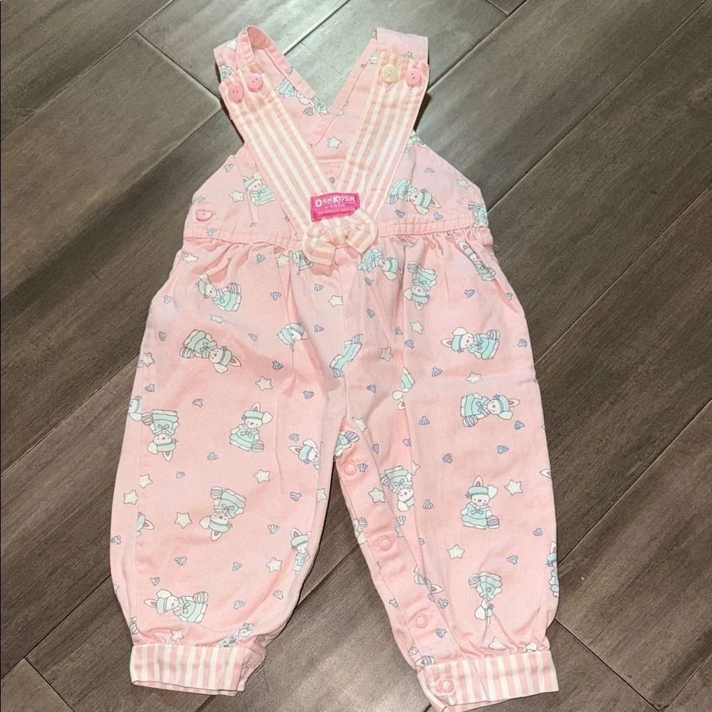 Vintage Osh Kosh B’gosh Pale Pink Bunny Pattern youth overalls SZ 24M